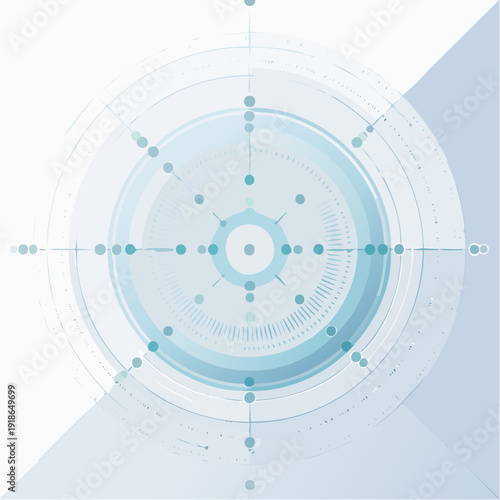 Futuristic blue radial target graphic with concentric circles and dots.