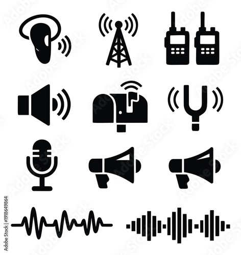 Modern communication and sound icon set featuring various audio, signal, and media devices for technology and information concepts