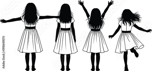 Black and white vector silhouette set of young girls in dresses with long hair dancing playing and celebrating for childhood youth and happiness branding
