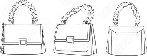 Black and white vector technical sketch set of luxury women handbags with braided handles and metal buckles for fashion branding manufacturing and retail design