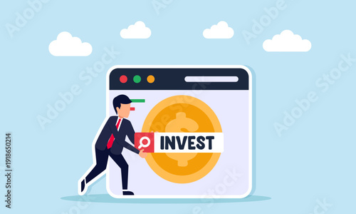 Businessman holding search engine with invest text in front of app interface showing dollar coins illustration of finding the right investment platform