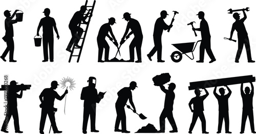 Construction worker silhouettes activity set, laborers using tools ladders wheelbarrow and heavy materials, industrial building maintenance teamwork black vector illustration