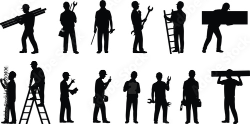 Construction worker silhouettes collection, professional builders carrying materials and tools, industrial labor workforce activities set, skilled manual workers vector illustration, isolated on whit