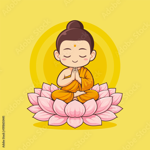 A cute chibi-style illustration of a young monk sitting peacefully in meditation on a pink lotus flower