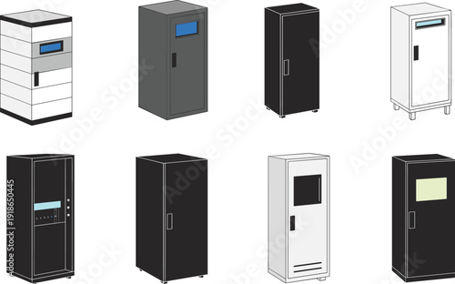 Server Rack Cabinets Set with Industrial Electrical Enclosures and Data Center Equipment Vector Illustration Isolated on White Background for Technology Design