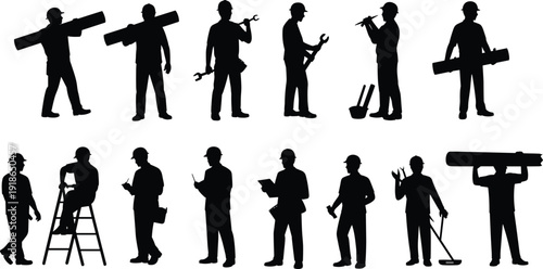 Construction worker silhouettes collection, professional builders performing multiple job tasks with tools and equipment, industrial labor workforce activities set, skilled manual workers vector ill