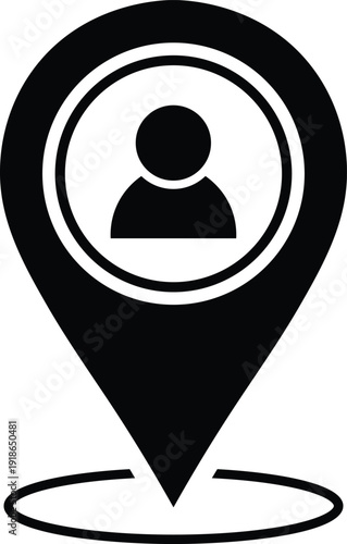 Black location pin with silhouette of a person inside a circle map marker person user symbol