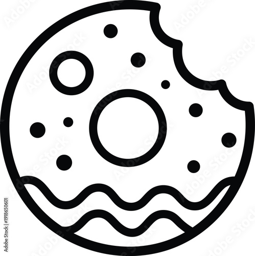 Black outline of a bitten donut with sprinkles and wavy icing black and white