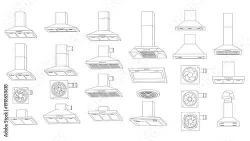 Range Hoods and Extractor Fans Vector Set – Kitchen Appliance Plan View Outline CAD