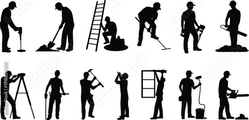 Construction worker silhouettes set, builders performing various tasks with tools, industrial labor activities collection, professional workforce vector illustration, isolated on white background