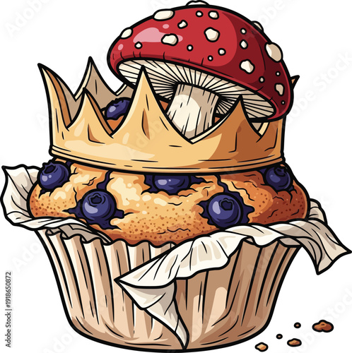 Blueberry Muffin with Crown and Mushroom Illustration Art