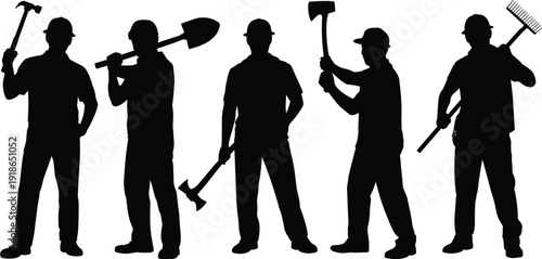 Construction worker silhouettes set, professional builders holding hammers shovels and tools, industrial labor team figures, skilled workforce vector illustration, isolated on white background