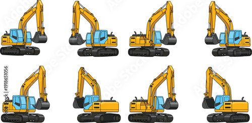 Tracked Excavator Construction Machinery Set with Hydraulic Diggers Vector Illustration Isolated on White Background for Earthmoving and Industrial Equipment Design