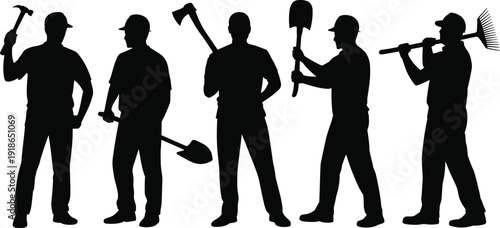 Construction worker silhouettes set, professional builders holding hammers shovels axes and rakes, industrial labor team figures, skilled workforce vector illustration, isolated on white background