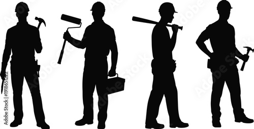 Construction worker silhouettes, professional builders holding hammers rollers and toolboxes, industrial labor team figures, skilled workforce vector illustration, isolated on white background