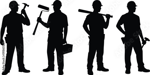 Construction worker silhouettes, professional builders holding tools and equipment, industrial labor team figures, skilled workforce vector illustration, isolated on white background