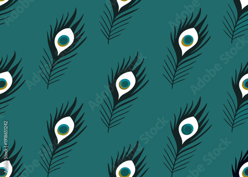 Seamless pattern of stylized peacock feathers with blue eyes on a dark teal background