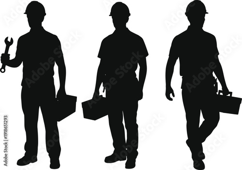 Construction worker silhouettes, professional repair technicians carrying toolboxes, industrial maintenance crew figures, skilled manual labor vector illustration, isolated on white background