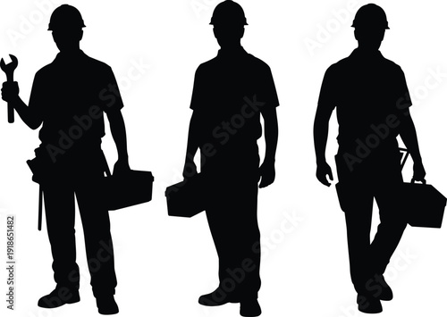 Construction worker silhouettes, professional technicians carrying toolboxes, industrial repair and maintenance crew figures, skilled manual labor vector illustration, isolated on white background