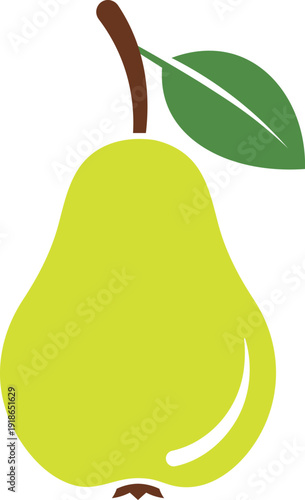 Simple flat of a bright yellow pear with a green leaf and brown stem fruit