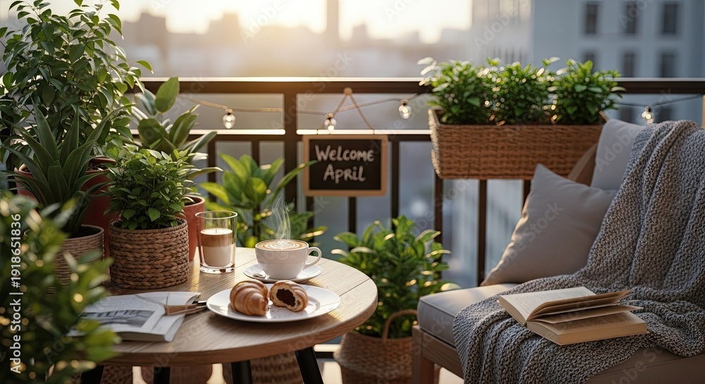 Obraz premium Morning coffee on city balcony with plants, croissant, newspaper, warm throw. Cozy living, relaxation, serene lifestyle. Contemporary photo.