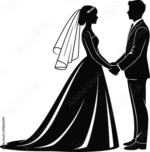 Black silhouette of a romantic bride and groom holding hands during a wedding ceremony isolated on white background for marriage and engagement design