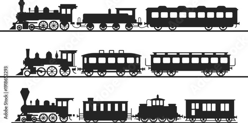 Vintage Steam Train Silhouettes Set with Classic Locomotives and Passenger Carriages Vector Illustration Isolated on White Background for Railway Transport Design