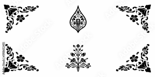 Vector illustration set featuring black silhouettes of trees, leaves, and fire with floral nature elements, butterfly shapes, and vintage grunge borders for a decorative plant design pattern