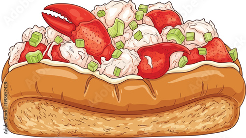 Illustration of Lobster Roll with Strawberries and Cream on Toasted Bun