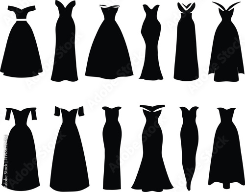 Elegant collection of twelve evening gown silhouettes highlighting diverse necklines, sleeve variations, waistlines, and skirt shapes, ideal for fashion design, apparel illustration, and style i