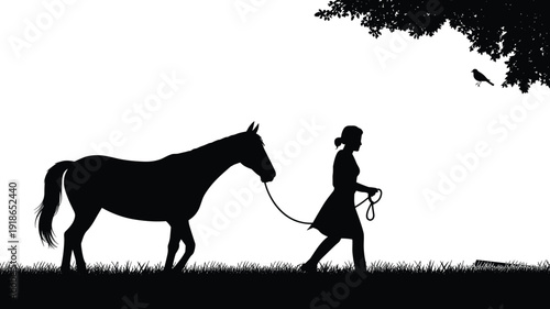 Black silhouette of a young woman leading a horse through a grassy field under a leafy tree with a bird on white background