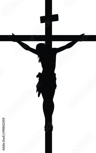 Black silhouette of Jesus Christ on the cross for crucifixion religious scene isolated on white background for Christian faith and Good Friday prayer design