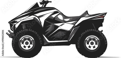 Modern stylized illustration of rugged all‑terrain vehicle featuring large knobby off‑road tires, angular body panels, and suspension system, ideal for outdoor recreation and mechanical design.
