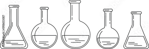 Collection of chemistry laboratory flasks and beakers simple outline vector design elements for scientific research education and chemical analysis