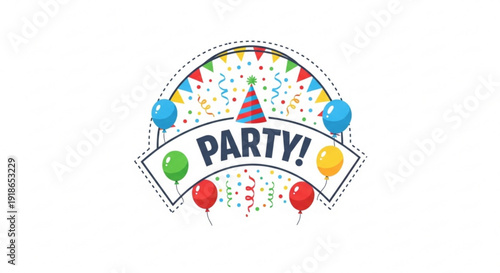 Colorful party banner with balloons and confetti celebrating a festive occasion