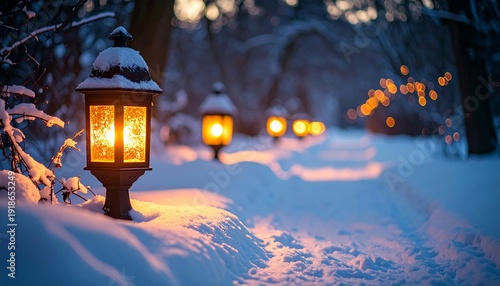 Wallpaper Mural Enchanting winter scene with illuminated lanterns in a snowy landscape. Torontodigital.ca