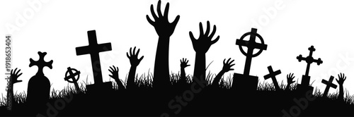Black silhouette of zombie hands rising from the grass in a graveyard with spooky crosses and tombstones for Halloween horror and cemetery design