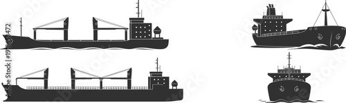 Cargo and bulk carrier ships silhouette set, maritime transportation, global shipping industry and international sea freight logistics concept illustration