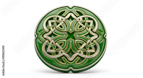 Intricate green and gold ornamental circular design with celtic knotwork pattern on ceramic plate