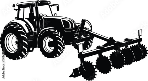 Black and white vector silhouette of a farm tractor pulling a disc harrow for soil cultivation, land preparation, and agriculture,
