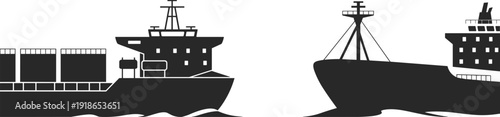 Cargo and container ships silhouette on ocean waves, maritime transportation, global shipping industry and international freight trade concept illustration