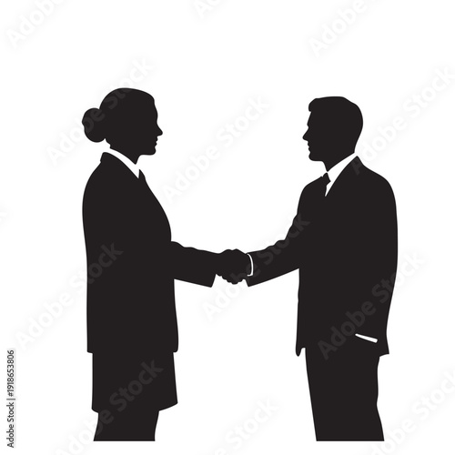 Business man and woman shaking hands, agreeing on deal or partnership, symbolizing teamwork, collaboration, and successful negotiation vector illustration, professional agreement