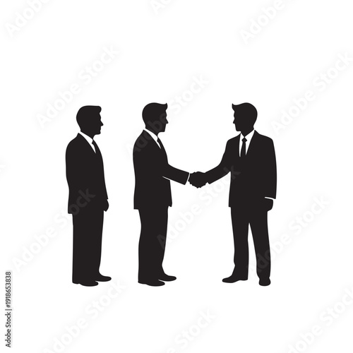 Three businessmen silhouette shaking hands after successful meeting representing agreement partnership greeting professional networking corporate deal teamwork cooperation unity and business growth