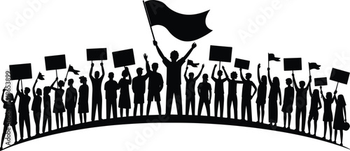 Black silhouettes of a large crowd of diverse protesters holding signs and a flag during a peaceful social movement demonstration isolated on white background
