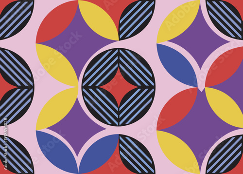 Colorful geometric pattern with circular and diamond shapes on a light pink background.