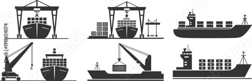 Vector collection of black and white maritime icons featuring container ships and port cranes for global trade, logistics, and shipping,