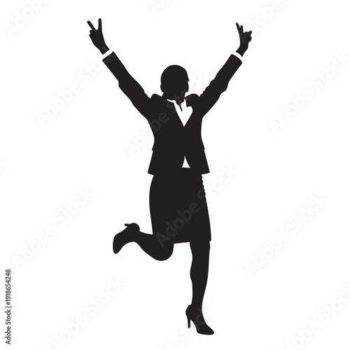 Silhouette of a jubilant businesswoman jumping in the air with arms raised celebrating success and achievement