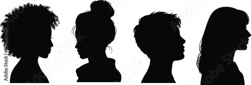 Black silhouettes of diverse women and men head profiles with various hairstyles isolated on white background for hair salon beauty and identity design