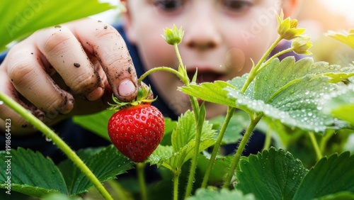 A child's sheer delight while harvesting their first homegrown strawberry. Extreme close-up on their muddy fingers pinching the bright red fruit, a look of awe on their face.