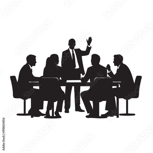 Business people meeting around table, silhouette of executive team discussion, group of professionals collaborating, coworkers in conference room, manager presenting to colleagues, corporate strategy